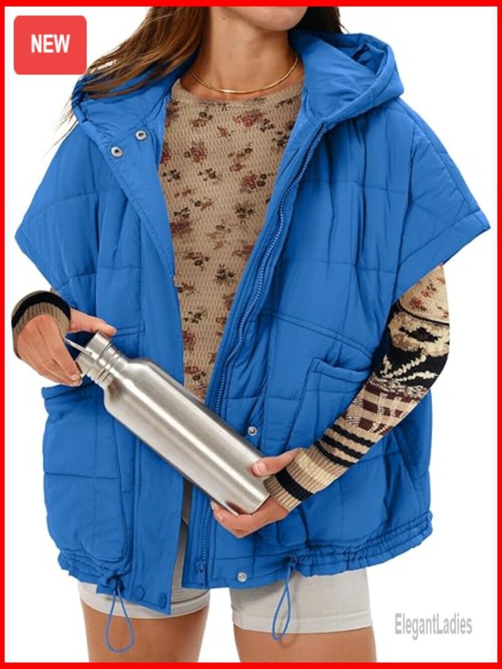 Lightweight Quilted Puffer Vest with Hood, Relaxed Fit, Hip Length, Zipper